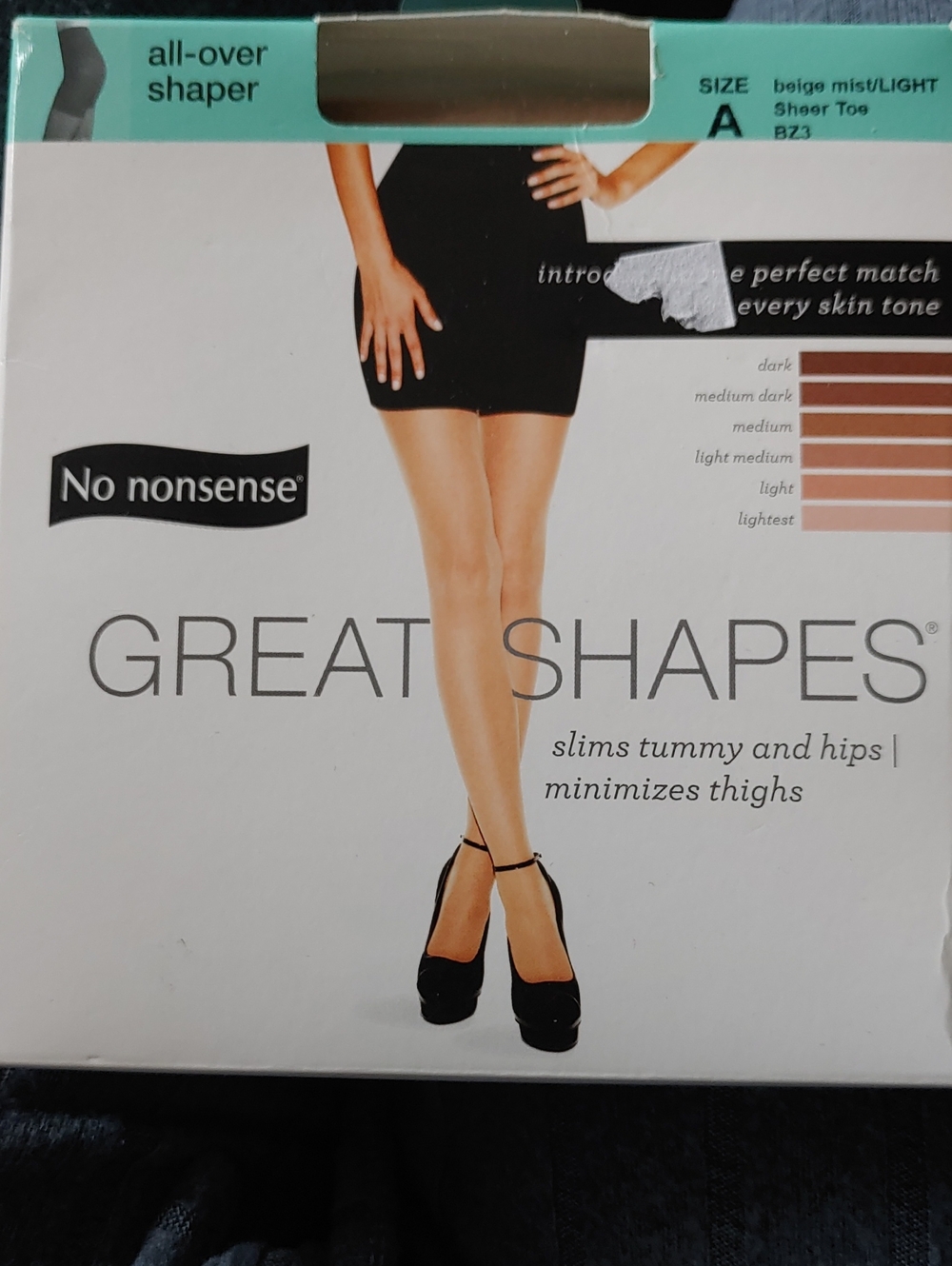 NWT No Nonsense Great Shapes Sz A Beige Mist Dash Light Sheer Toe Pantyhose